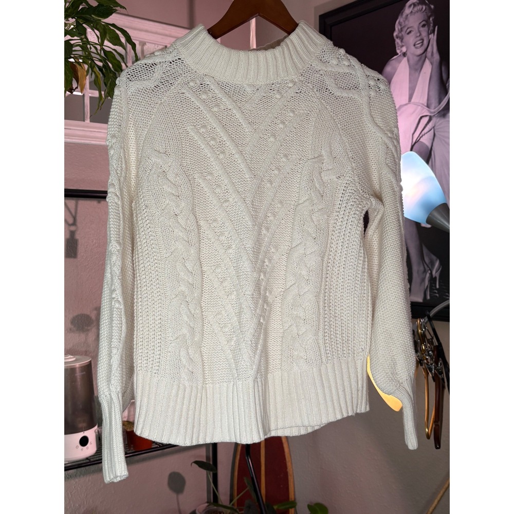LOFT‎ Sweater Womens L Cream Cable Knit Popcorn Stitch Mock Neck Pullover Cozy - Picture 2 of 12